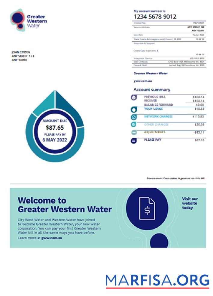 Printable Australia Greater Western Water utility bill example